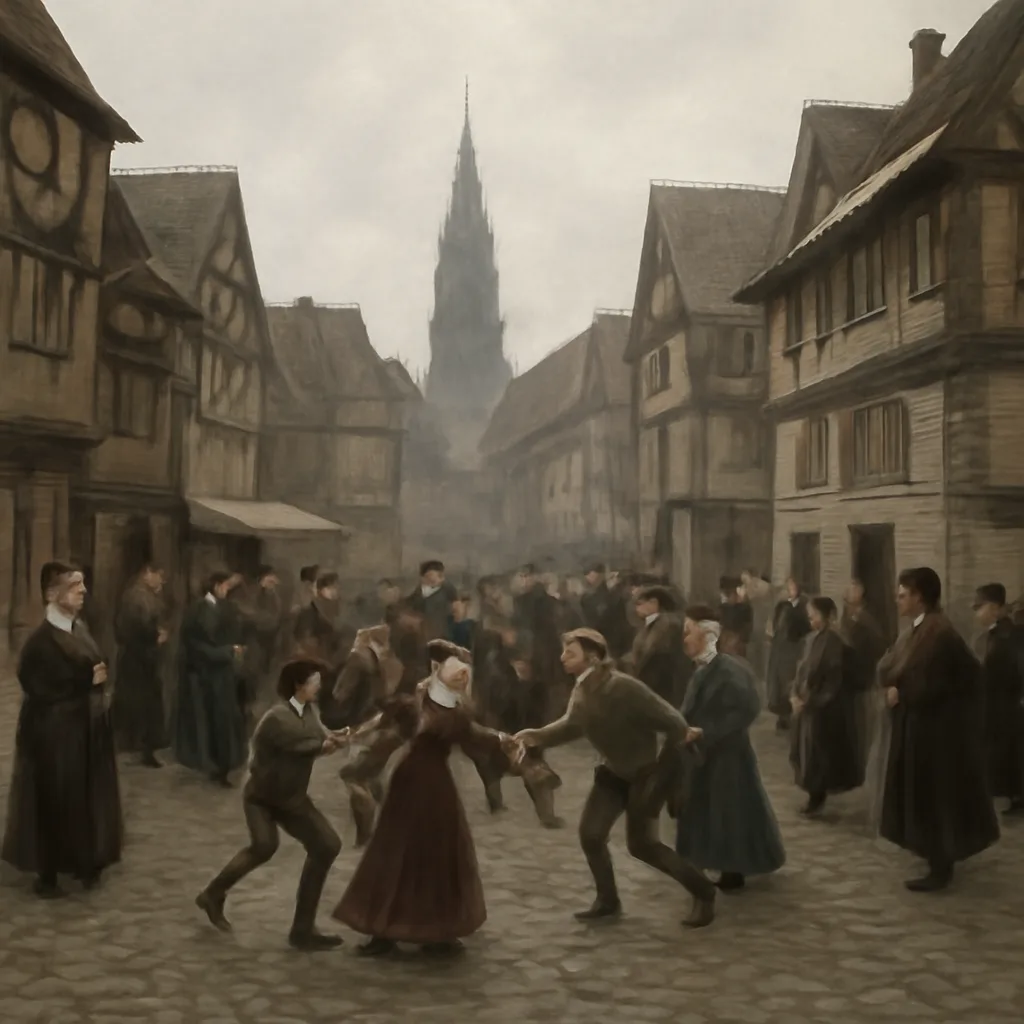 A crowded 16th-century Strasbourg street scene showing people dancing in groups and civic buildings; some onlookers and clerics nearby, no specific identifiable faces.