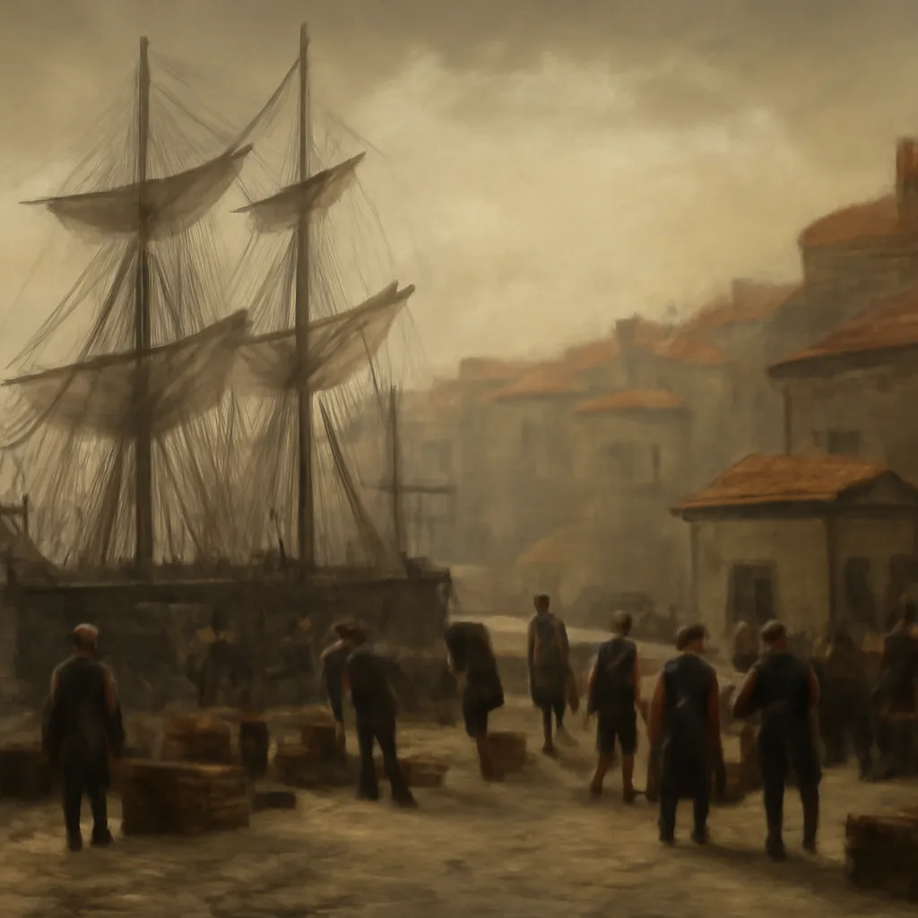 Early 18th-century Marseille harbor with moored merchant ships, warehouses, and crowded quay; town gates and watching officials in period clothing in the midground; no identifiable faces.