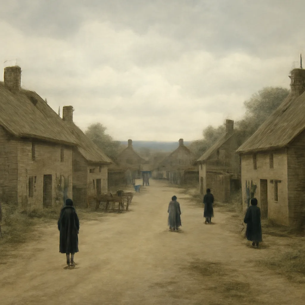 Early 19th-century village street scene with several townspeople whose skin tones appear bluish in natural light, shown at a distance to avoid identifiable faces; cottages, dirt road, and period clothing circa 1820.