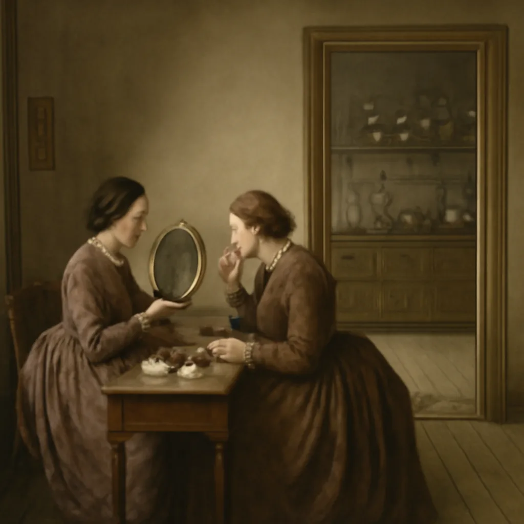19th-century scene showing women in period dress applying white face powder at a dressing table with open powder tins and a chemist’s laboratory counter with glassware visible in the background.