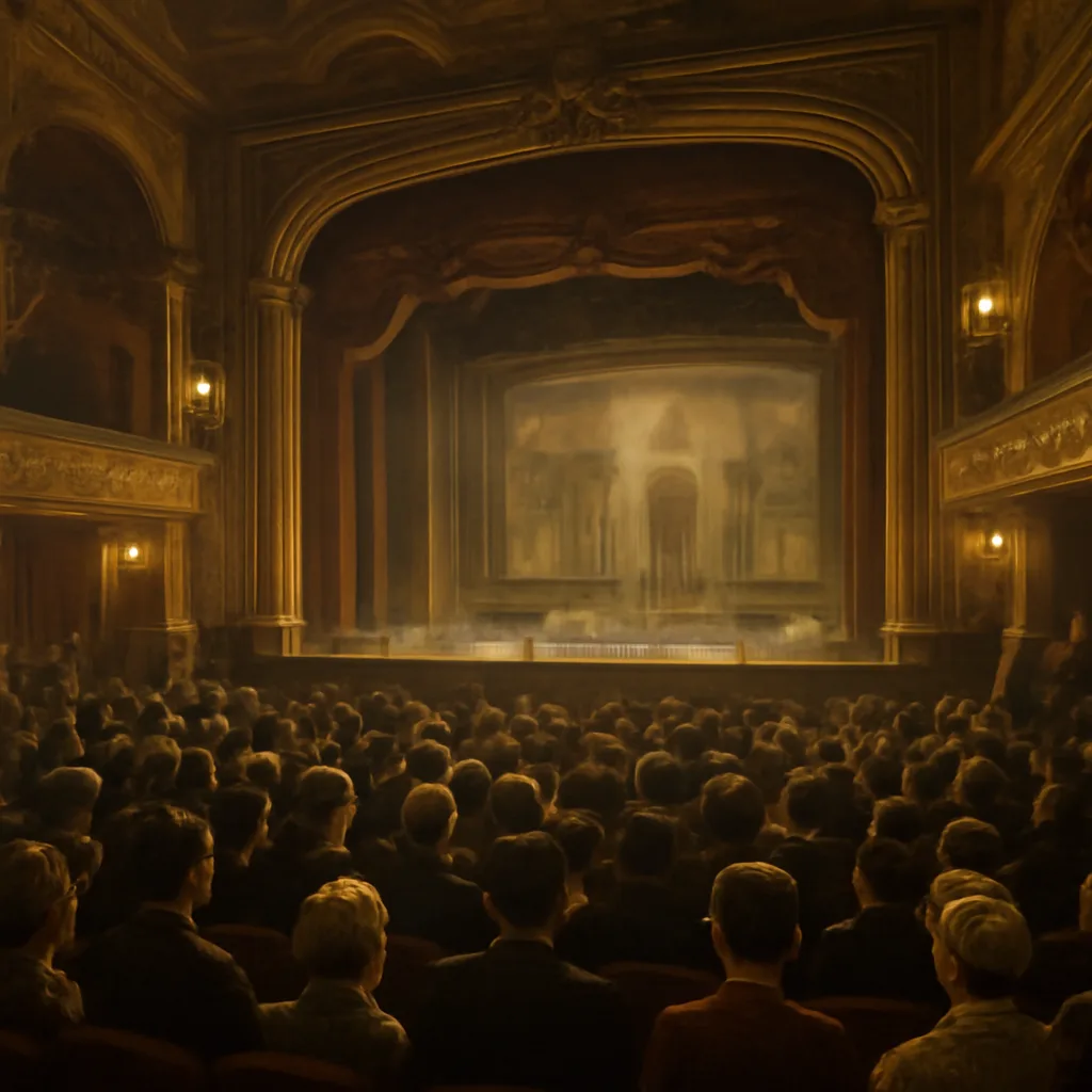 Late 19th-century music hall interior with crowded seated audience and stage, gas or early electric lighting, period dress; scene conveys attentive crowd and theatrical atmosphere.