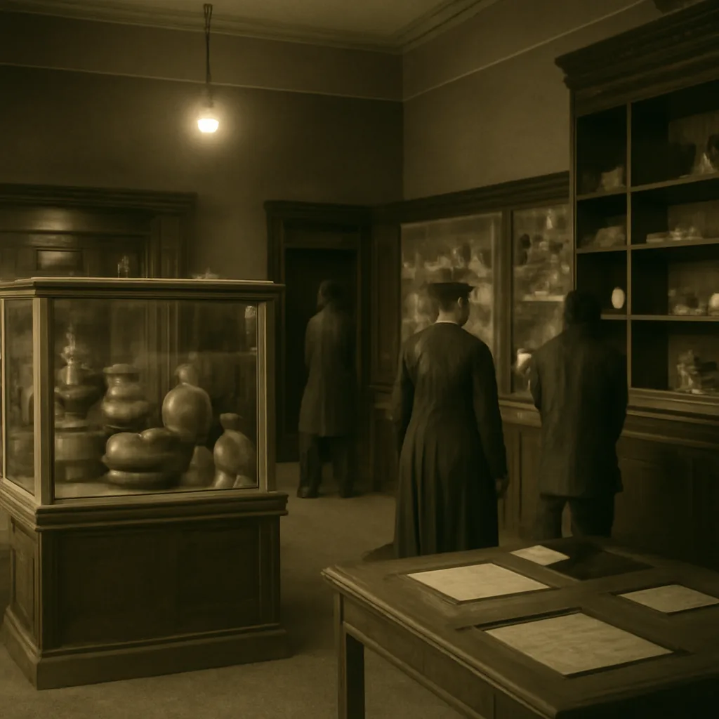 Early 20th-century university museum gallery with wooden display cases and archaeological artifacts on shelves and pedestals; dim gas or early electric lighting and catalog cards visible on tables.