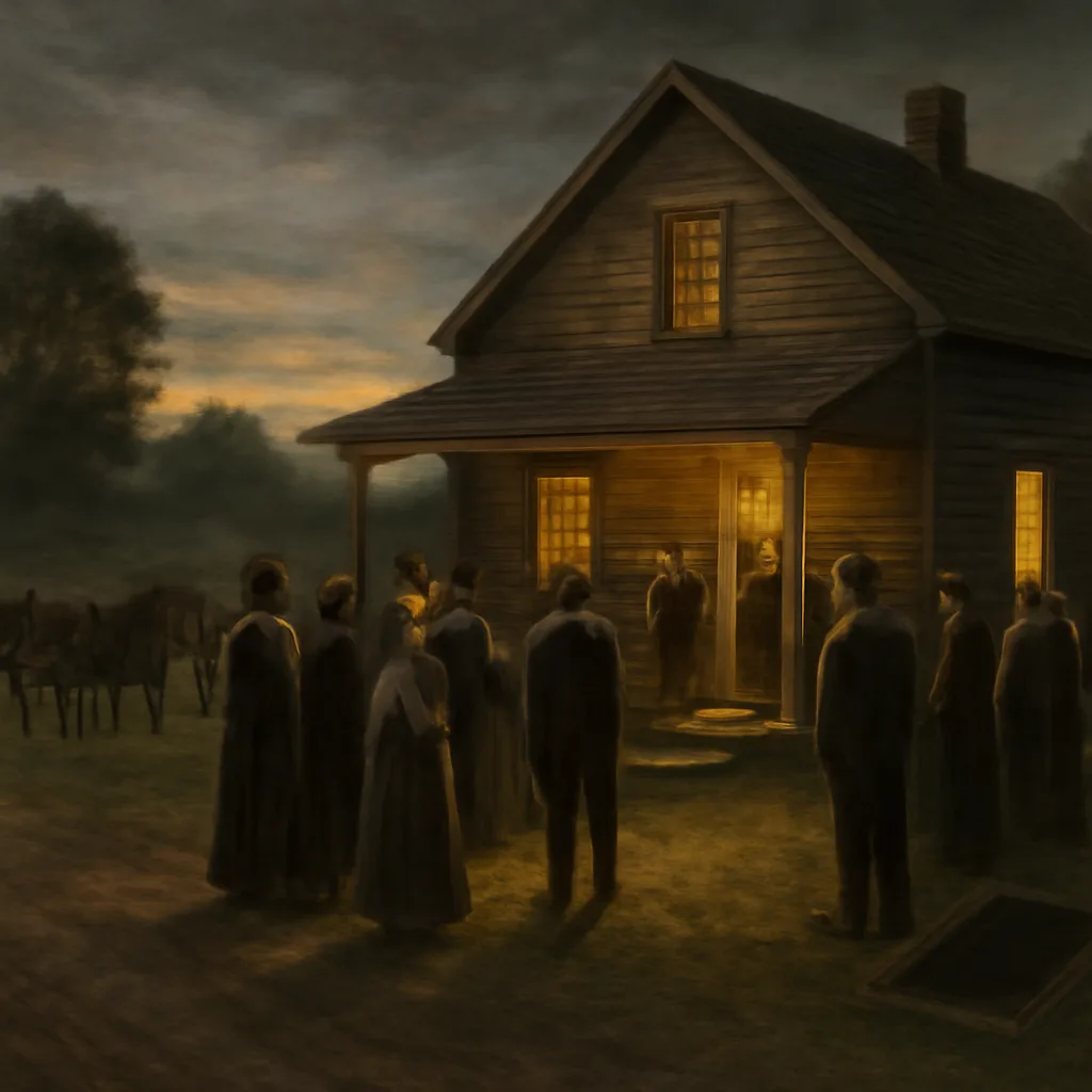 Early 20th-century rural wooden house with gathered townspeople outside at dusk, lanterns and horse-drawn cart nearby