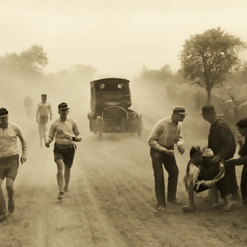 Runners on a dusty early 20th-century country road with support wagons in the background; a prone or assisted athlete at the roadside illustrates exhaustion during the 1904 St. Louis Olympic marathon.