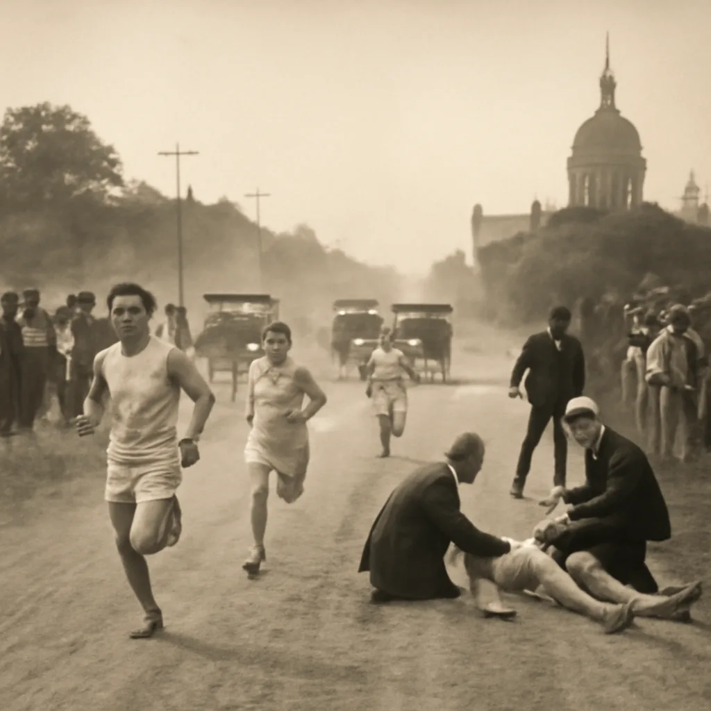 Early 20th-century marathon scene on dusty unpaved road with runners in period athletic attire, accompanying automobiles stirring dust, and spectators in turn-of-the-century clothing.