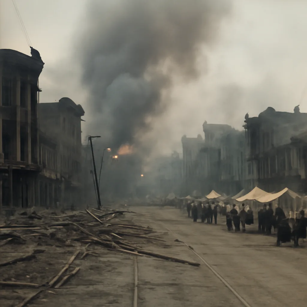 Ruined early 20th-century San Francisco street with collapsed wooden and masonry buildings, smoke rising in the distance, rubble-strewn roadway, and tents or temporary shelters set up in a nearby open area.