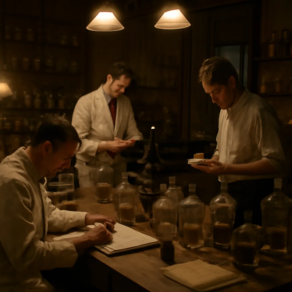 Early 20th-century laboratory table with glass beakers, microscopes, labeled specimen jars and handwritten notebooks, set under gaslights.