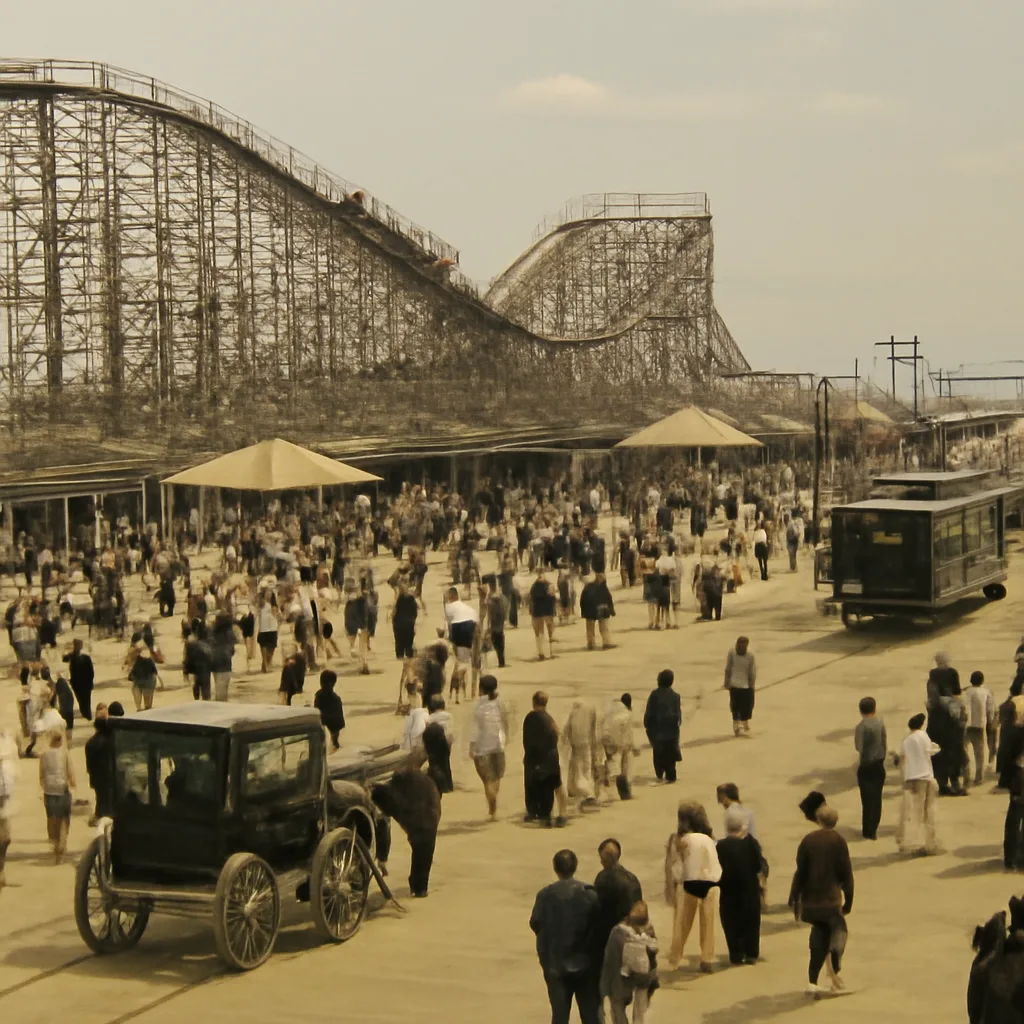 Early 20th-century wooden roller coaster structure at an urban seaside amusement park, spectators on the pier and horse-drawn vehicles nearby