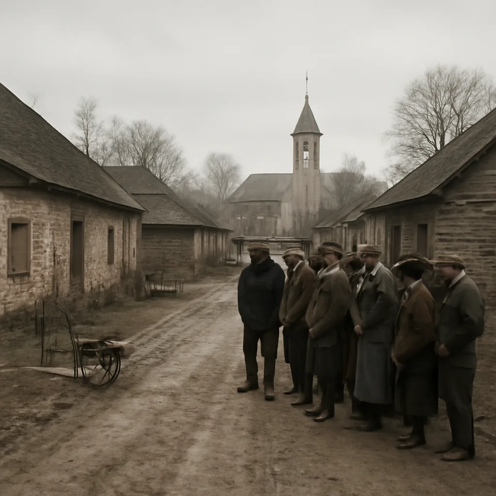 Early 20th-century rural village street with villagers gathered outside simple wooden houses and a parish church visible, showing a subdued, concerned crowd and farm tools left idle.