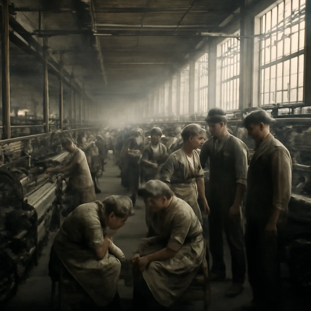 Early 20th-century textile mill interior with rows of machines, factory floor crowded with women workers in period workwear, steam pipes and large windows; atmosphere tense with a small cluster of workers gathered and a few seated or fainting.