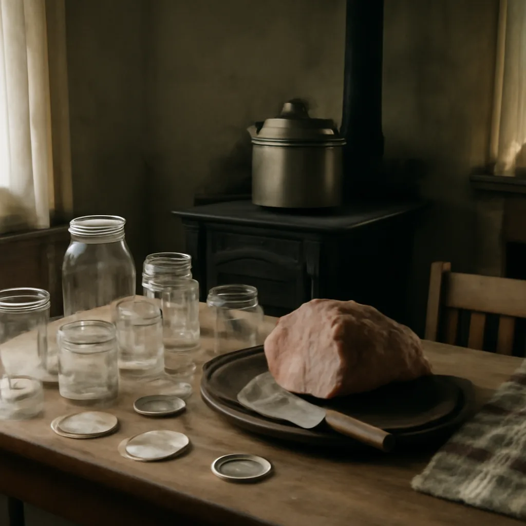 Early 20th-century kitchen scene showing a wooden table with glass jars and a metal pressure cooker used for preserving food; period-appropriate clothing and simple kitchen interior, no identifiable faces.