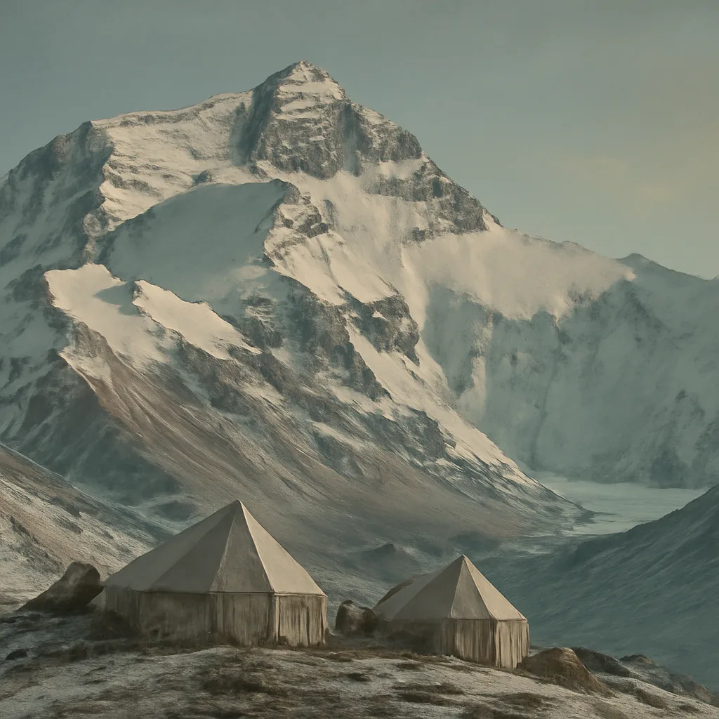 A wide view of the north face of Mount Everest covered in snow and ice in the early 20th-century style; steep rocky steps and high glaciers under a pale sky, no identifiable people.