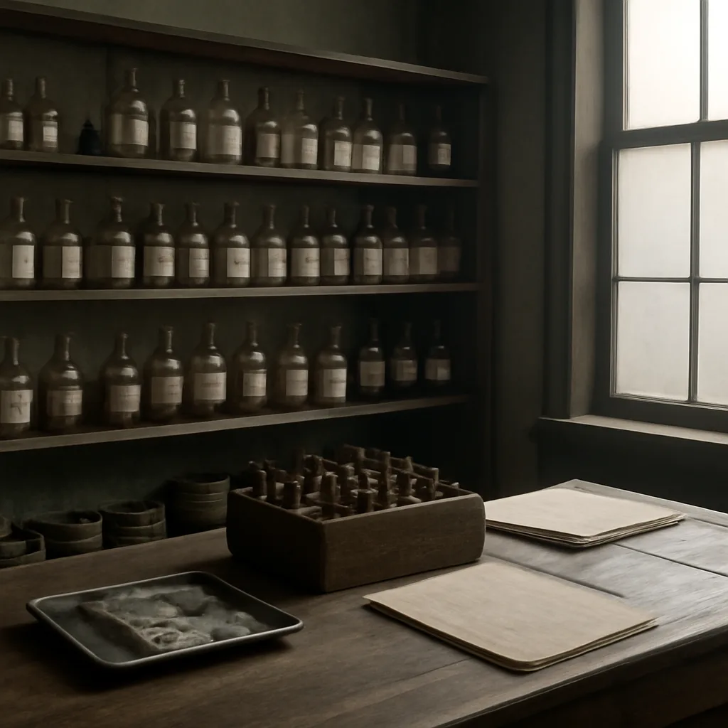Early 20th-century medical laboratory table with glass serum bottles, glass syringes, and paper labels, set against shelving of wooden crates and a window casting diffuse light.