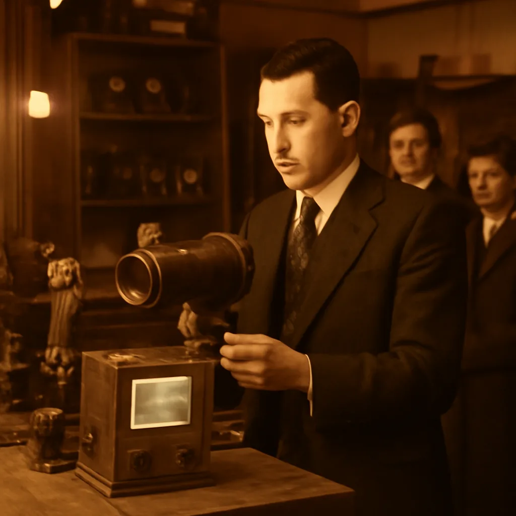 Early 1920s laboratory scene showing an inventor with an image-dissector camera tube and a cathode-ray display on a wooden table amid vacuum tubes and wiring; attendees observe from a short distance.