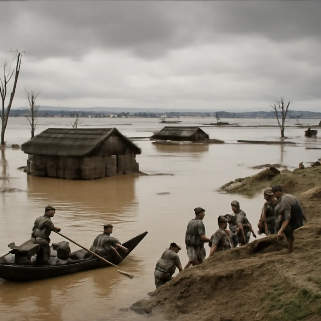 Flooded Yangtze River plain in 1931: partially submerged homes, trees standing in water, and distant low hills under overcast sky.