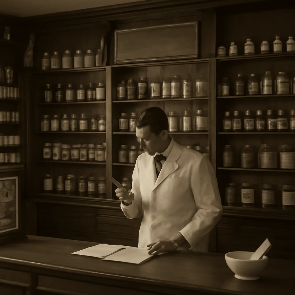 Early 1930s pharmacy interior with shelves of glass medicine bottles and boxed elixirs, a pharmacist examining a bottle; period clothing and furnishings.