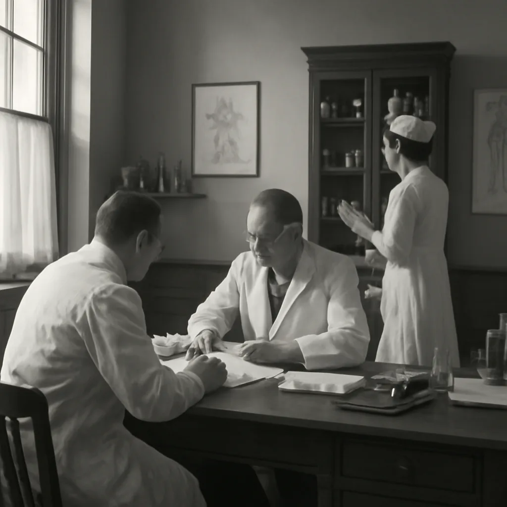 Black-and-white 1930s clinic scene showing doctors consulting over papers and medicine bottles on a table, with period medical equipment and attire.
