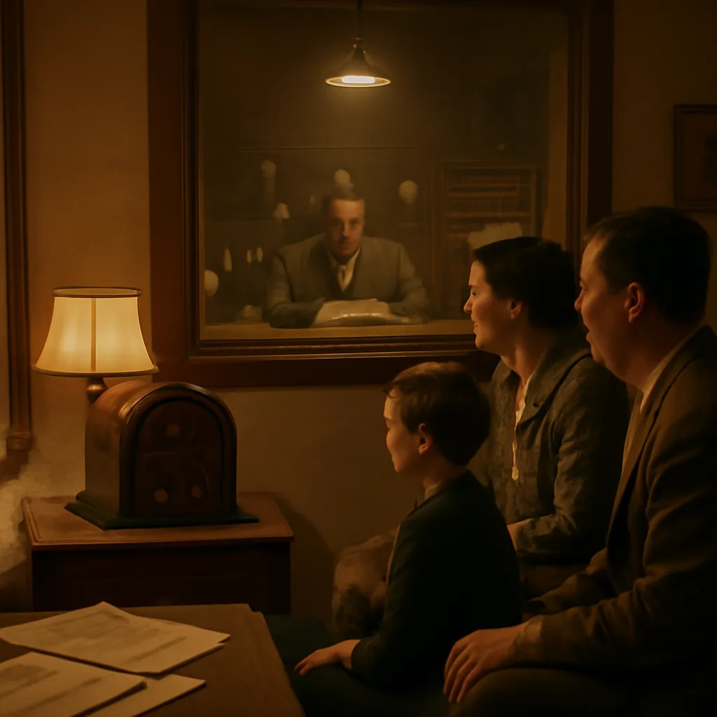 1938 radio studio with a microphone, scripts, and period radio equipment; a radio listener table with an early tabletop receiver and newspapers displaying headlines.