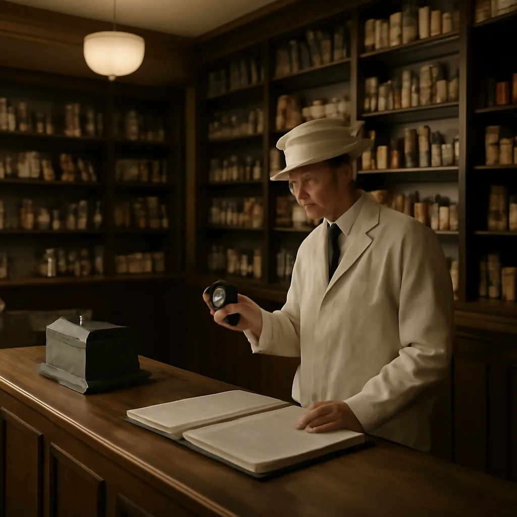 A mid-1940s pharmacy interior with wooden shelves of glass medicine bottles and boxed remedies; a pharmacist examining a bottle while paper records lie on the counter.