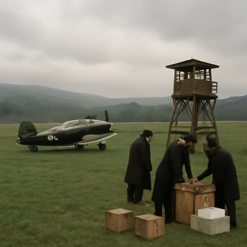 A 1940s-era field demonstration near a rural Pennsylvania hill: a small research aircraft on a grassy strip and technicians handling blocks of dry ice beside a wooden observation tower, with a low cloud layer overhead.