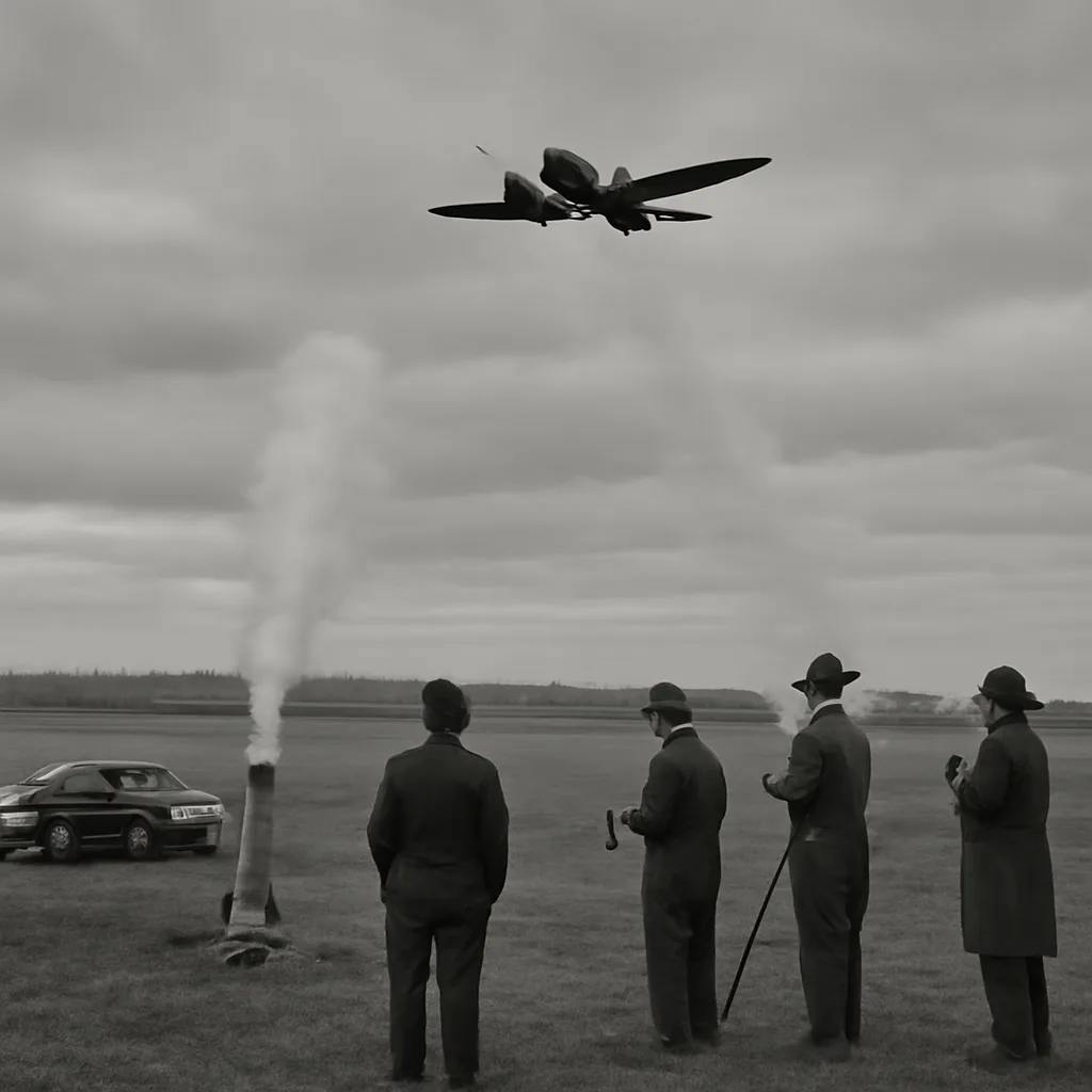 Mid-20th-century field demonstration of cloud seeding: an aircraft or ground generator dispersing dry ice or smoke into low clouds above a rural landscape with onlookers and vehicles typical of the 1940s.