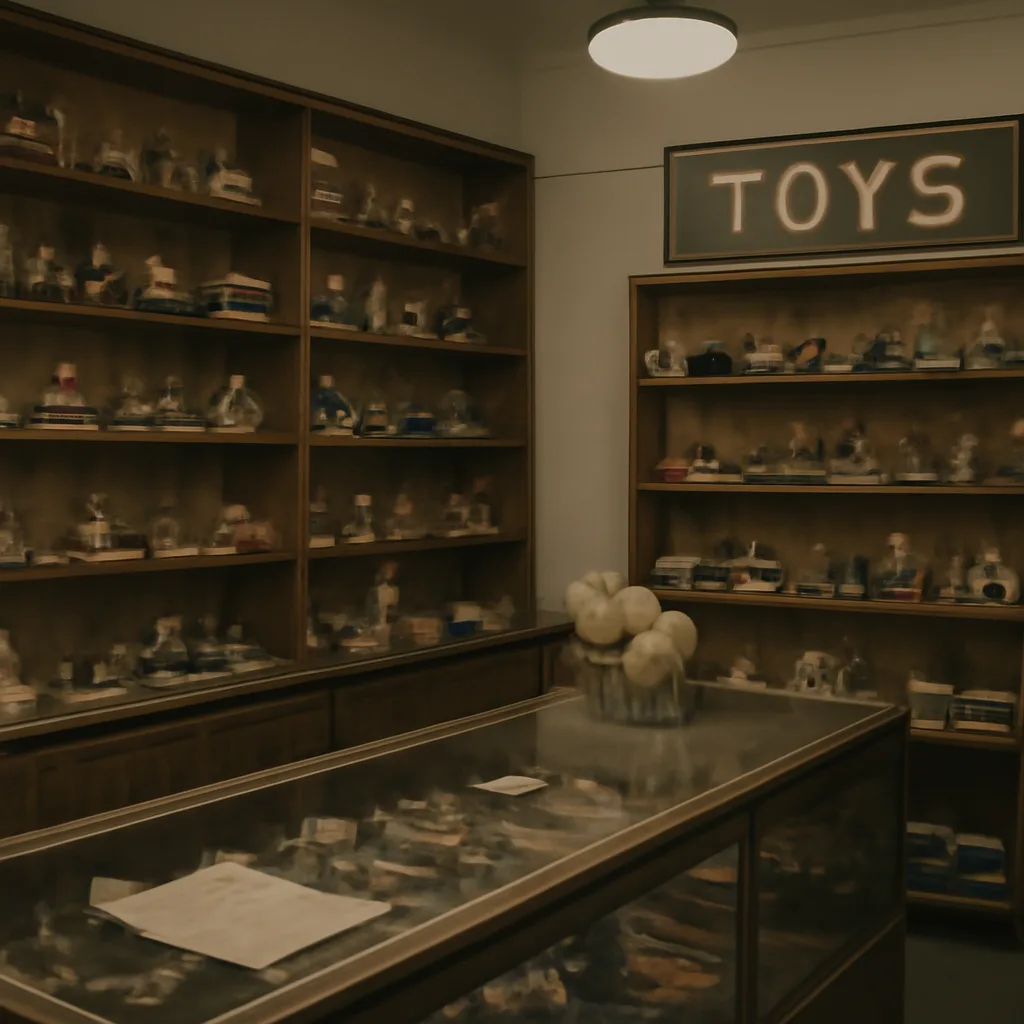 A 1950s-era toy store counter with rows of small painted toys on display and newspaper clippings about a toy recall laid out nearby.