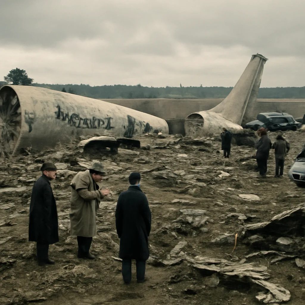 A mid-1950s passenger airliner wreckage site in a rural landscape with investigators and officials examining scattered debris under overcast skies; period vehicles and clothing visible, no identifiable faces.
