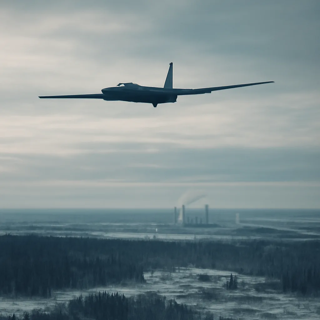A high-altitude reconnaissance aircraft silhouette against a cold, overcast sky above vast Soviet-era landscapes; clouds and distant ground below convey height and isolation.