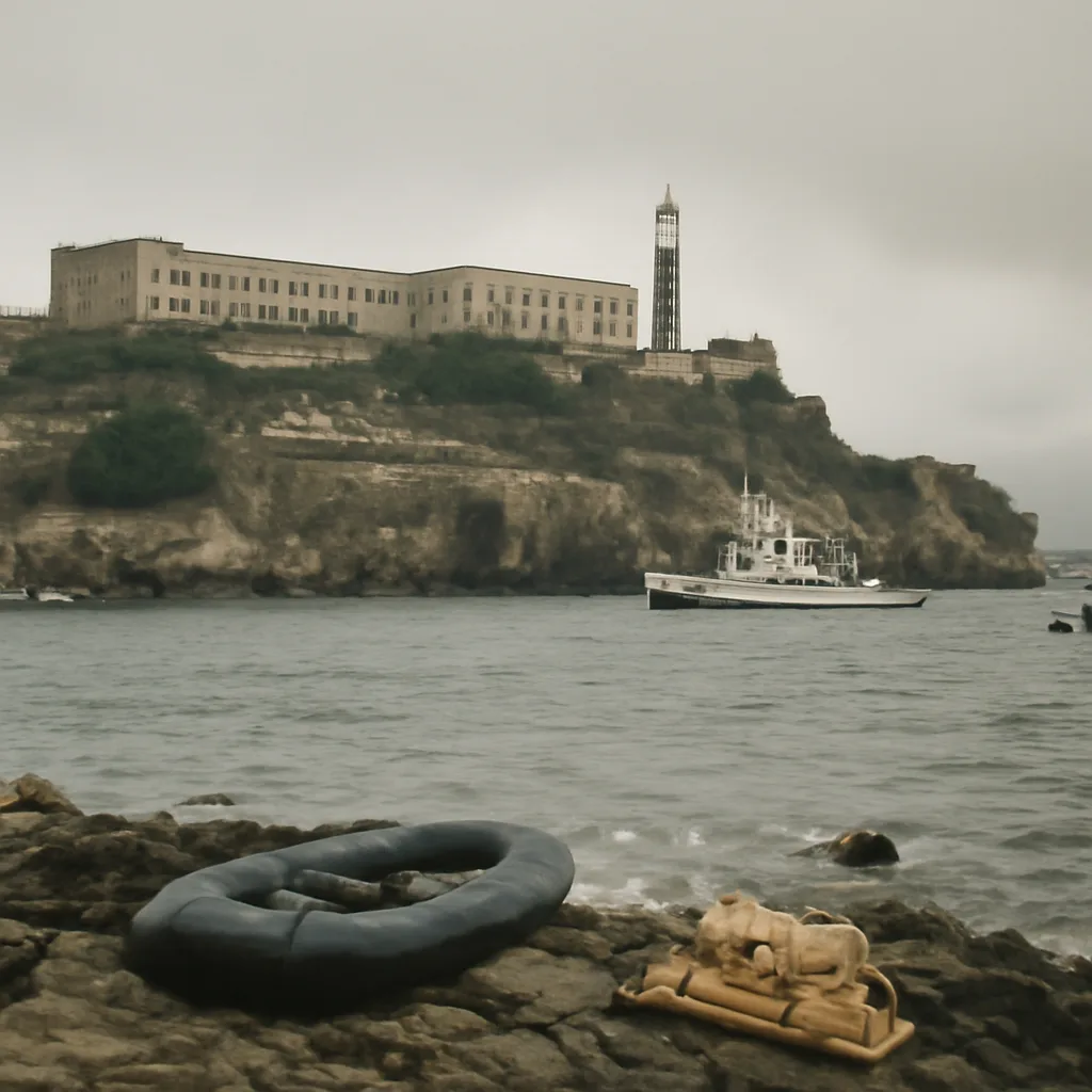 Alcatraz Island shoreline and cellhouse in the early 1960s; view across San Francisco Bay showing the prison’s cellblock exterior and rocky shore where escapees launched rafts.