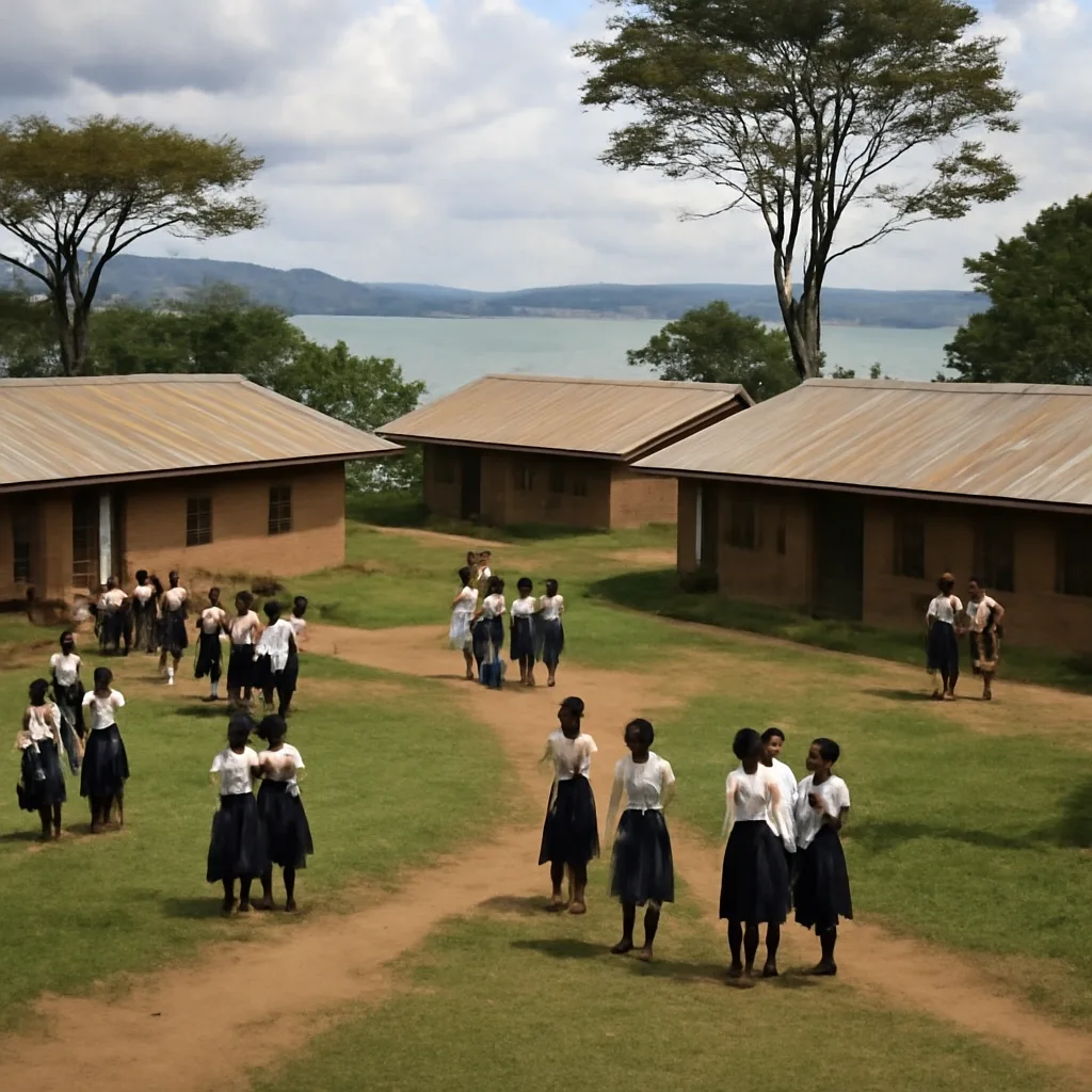 A 1960s-era mission boarding school compound in rural northern Tanganyika with groups of schoolgirls in modest uniform outside dormitory buildings, surrounded by trees and dirt paths.