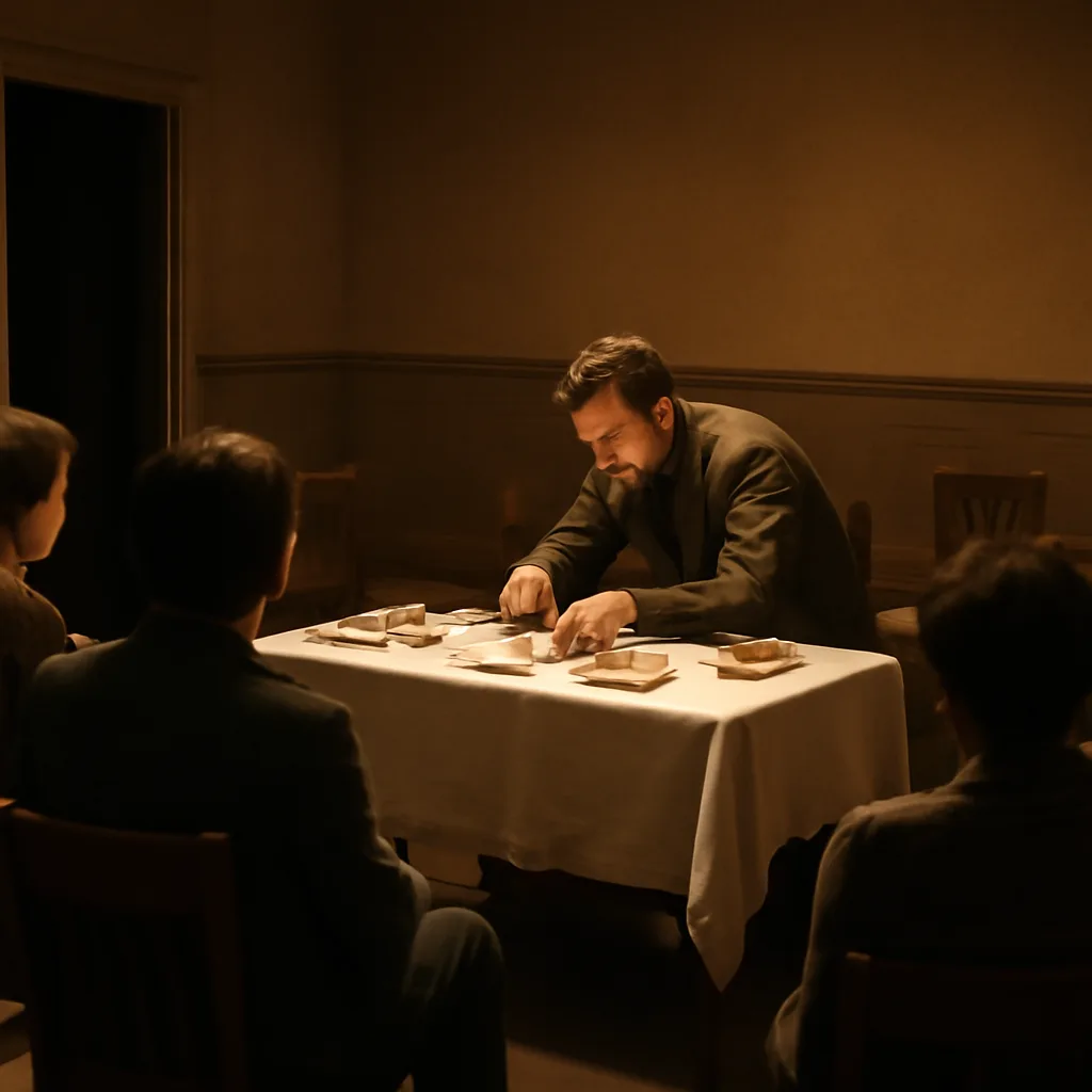 A small, mid-20th-century clinic room where a performer in plain clothing appears to be conducting a staged healing ritual before seated onlookers; table with medical-looking cloths and simple props visible.