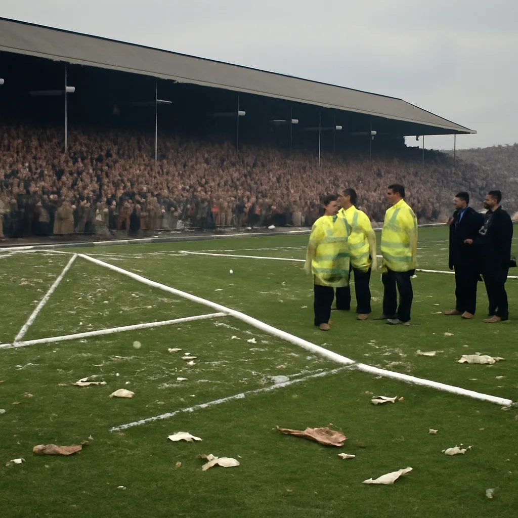 A 1960s-era football pitch after a crowd invasion: goalposts removed and lying on the turf, scattered debris around the touchline, stewards and police standing near the stands.