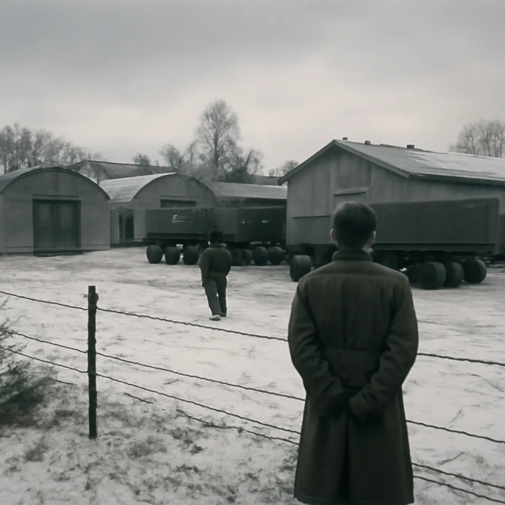 Cold War-era Soviet military storage area with transport trailers and guarded perimeter near missile or weapons depot; overcast sky, snow on ground, sparse conifer trees.