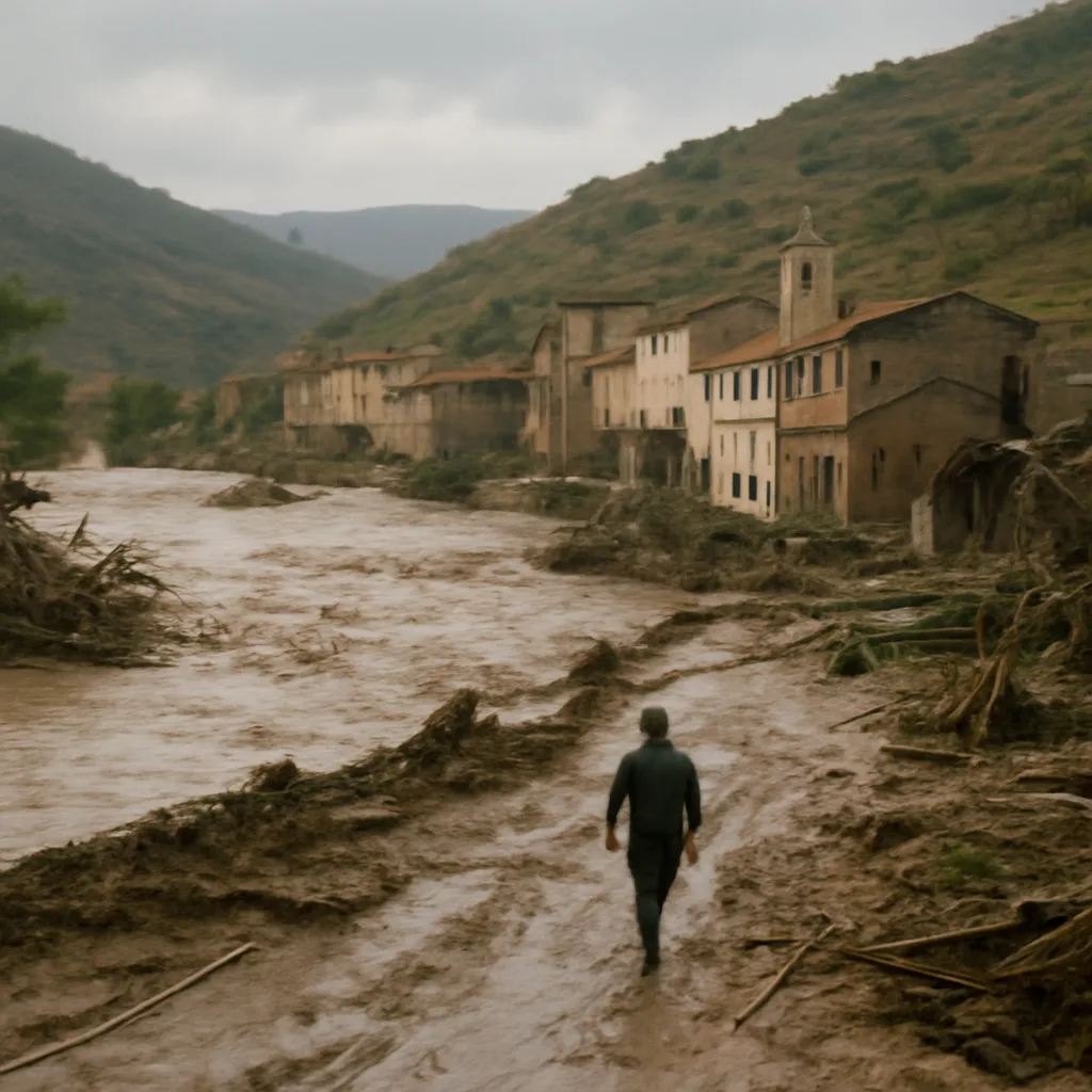 A flooded valley in central Italy in 1966: swollen river overflowing banks, debris along streets, damaged rural buildings and muddy fields, with steep, wooded hillsides in the background.