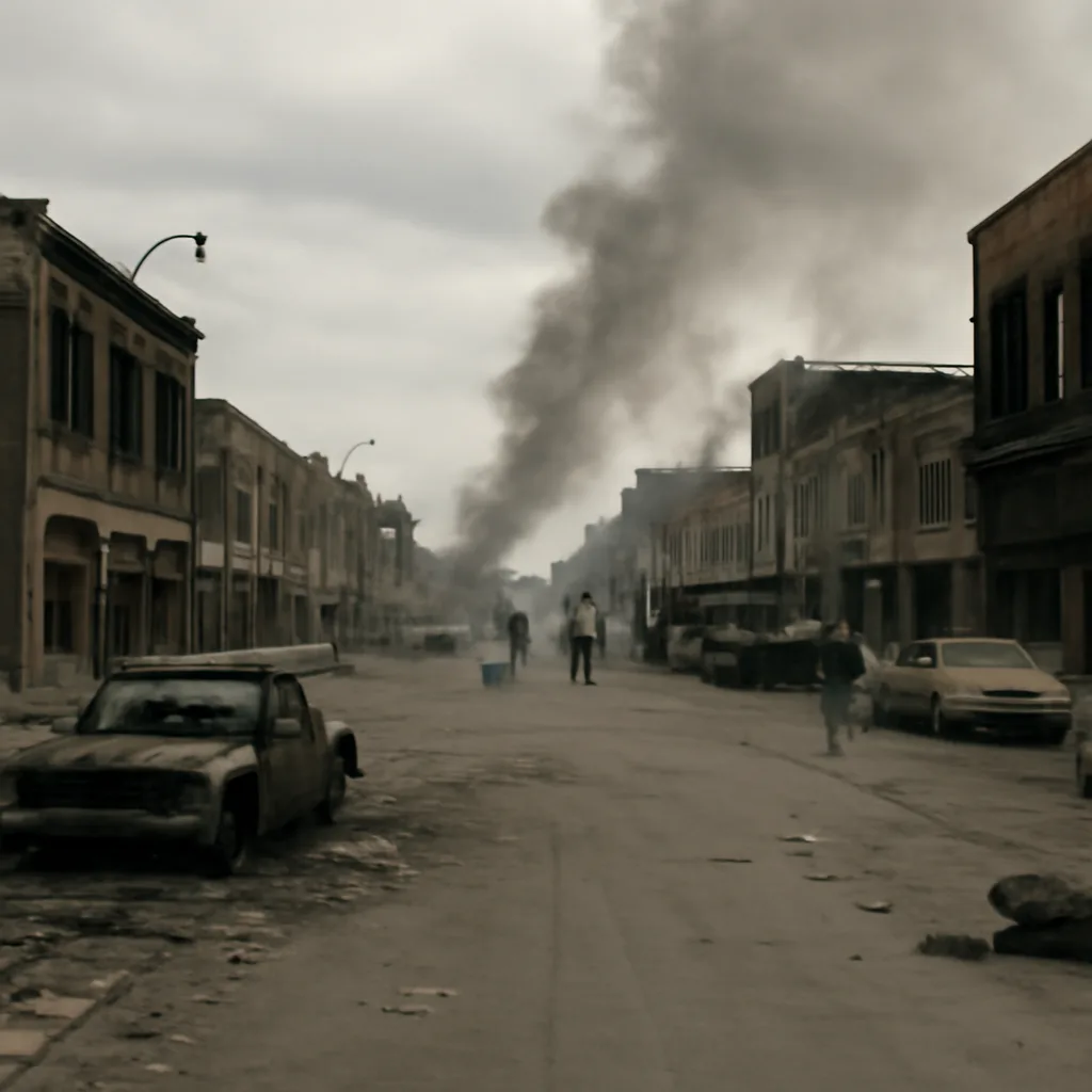Burned-out storefronts and damaged vehicles along a wide urban street in Detroit, July 1967, with smoke in the air and National Guard vehicles present in the distance.