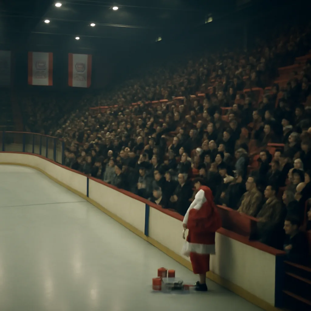 Interior of Montreal Forum in the 1960s showing rows of spectators, some holding snowballs, and a man in a Santa suit on the arena floor during an intermission.
