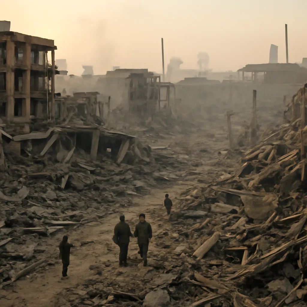 Widespread rubble and collapsed buildings in Tangshan after the July 28, 1976 earthquake, showing debris-strewn streets and destroyed multi-story residential and industrial structures.