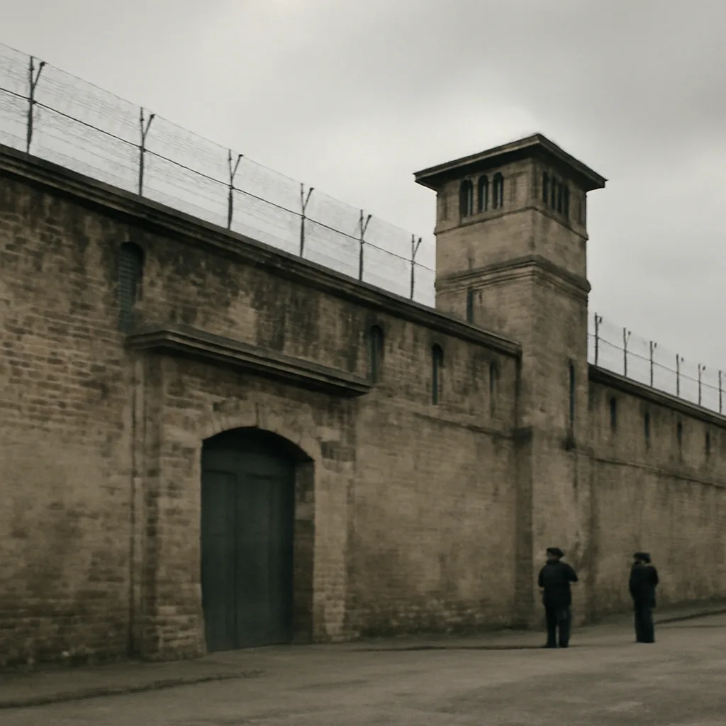 Exterior view of Baumettes Prison in Marseille in the 1970s—stone facade, perimeter walls, and guarded entrance under overcast sky, with no identifiable faces.
