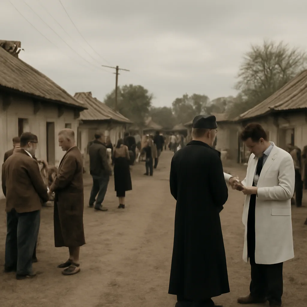 A 1970s rural village street with clustered houses, villagers gathered in small groups, and local clergy and a medical worker speaking to residents.