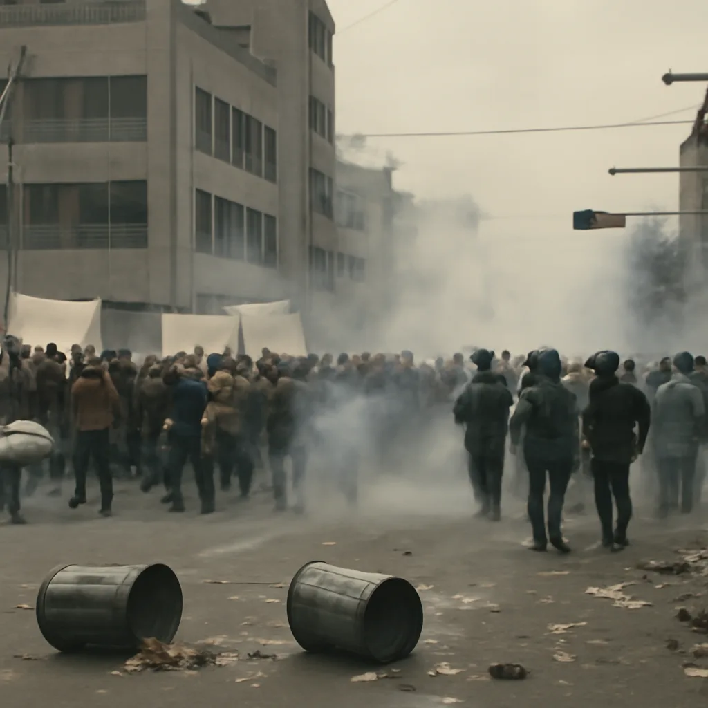 Crowd of protesters dispersed by uniformed security forces on a city street in South Korea, 1980; smoke or tear gas visible, barricades and damaged street fixtures, no identifiable faces.