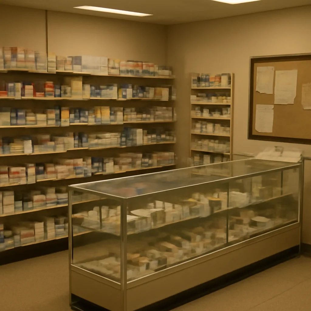 Pharmacy counter and over-the-counter medicine aisle in early 1980s style, with boxed pill bottles and empty shelf space where capsules once stood; muted lighting, no identifiable people.