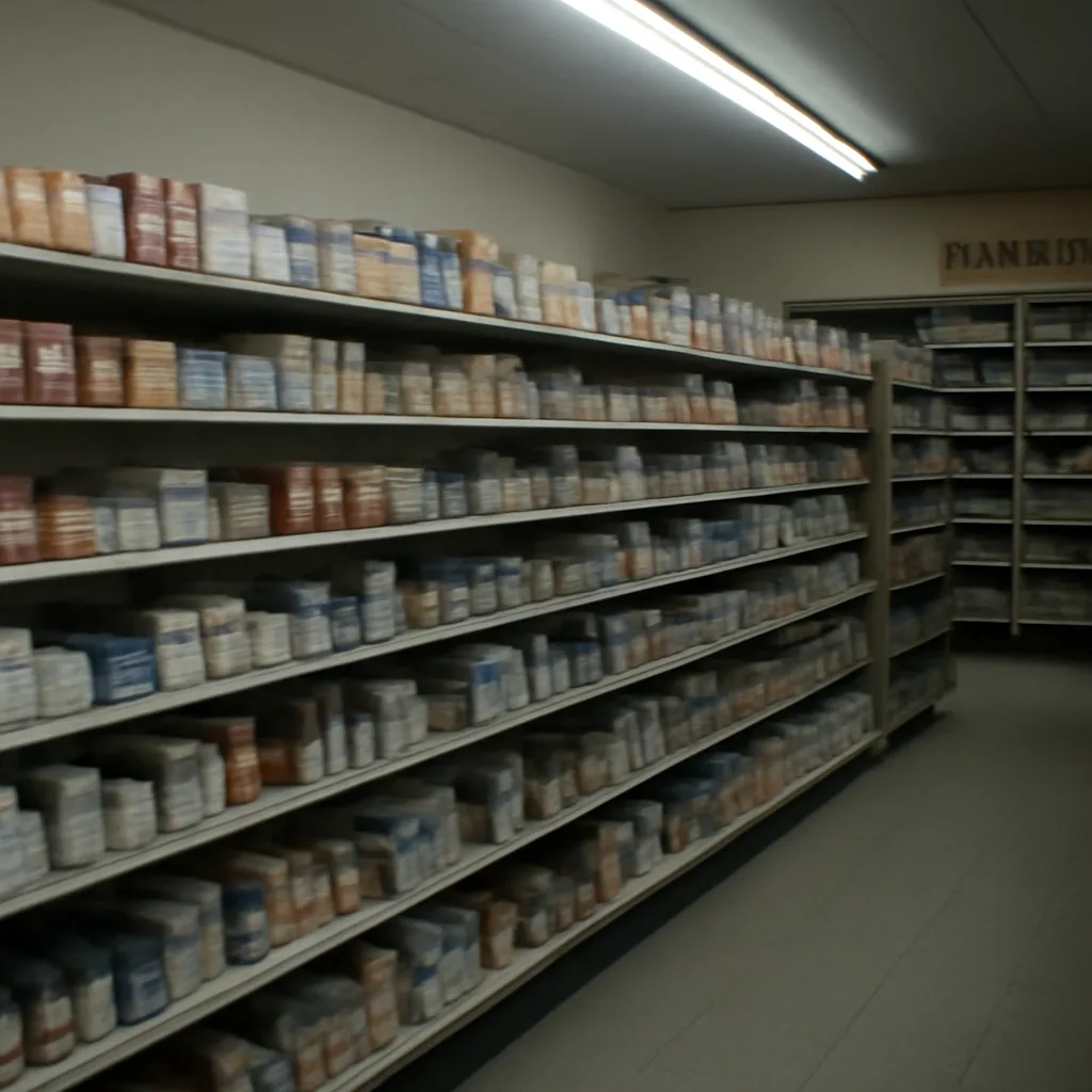 A medication aisle in an early 1980s drugstore with shelves of over-the-counter pill bottles and boxed packages; no identifiable people.