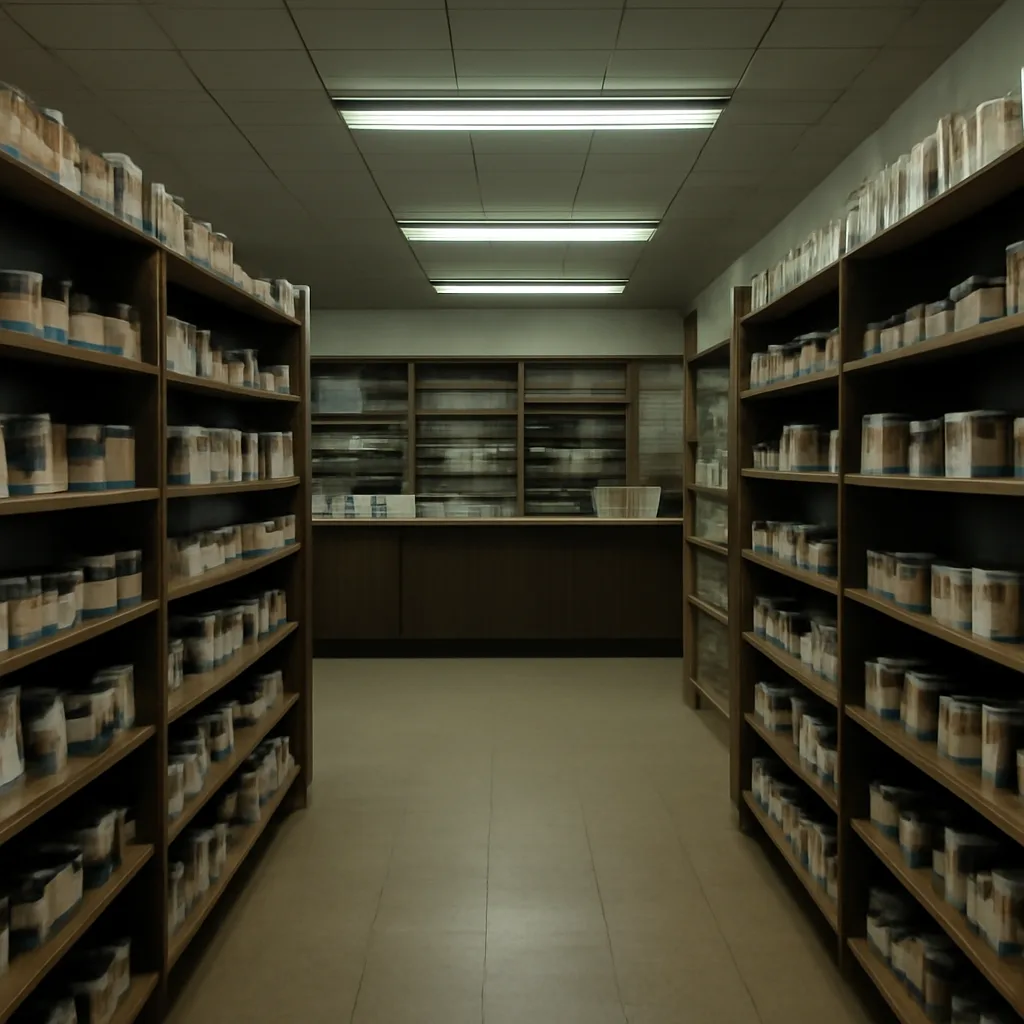 Store shelf of over-the-counter medicine bottles and blister packs from the early 1980s, with empty spaces where tamper-evident packaging would later appear.
