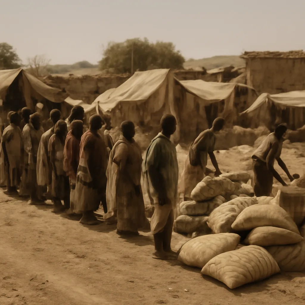 Crowd of displaced Ethiopian civilians, including children, gathered at an improvised aid distribution site in a dry rural landscape during the 1984 famine.