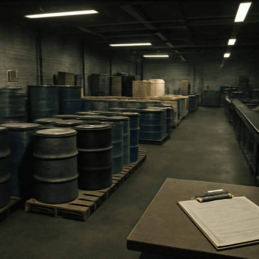 Factory warehouse with stacked barrels and pallets of oil containers in 1980s industrial setting, empty production line and inspection clipboard on a table nearby.