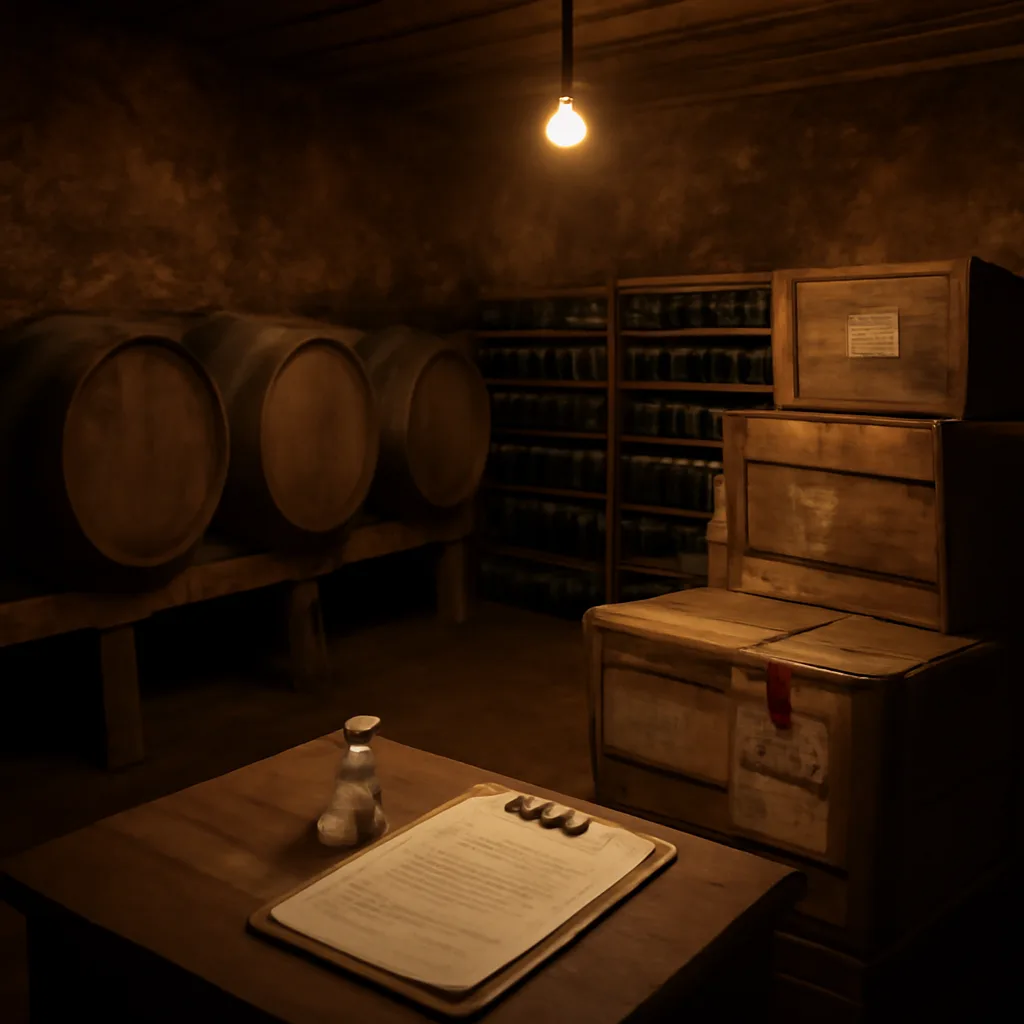 Bottles and casks of wine in a dimly lit cellar with sealed evidence tags and a clinical laboratory vial nearby, evoking 1980s European wine production and a public-health investigation.
