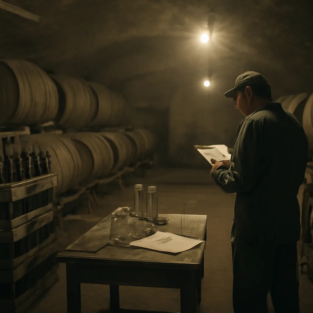 A 1980s European winery cellar with wooden barrels, crates of unlabeled bottles and a worker inspecting containers; somber lighting conveys concern over contaminated alcoholic products.
