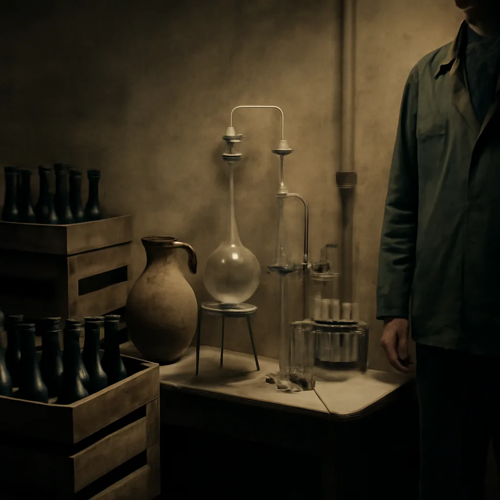 Bottles of inexpensive wine and jugs on a wooden table in a small-scale production setting, with laboratory glassware and a lab report sheet nearby.