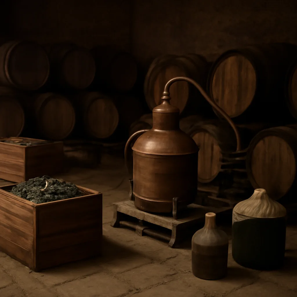 Rural European winery cellar and simple distillation setup with barrels and a small copper alembic, crates of grapes nearby, dated mid-1980s style storage.