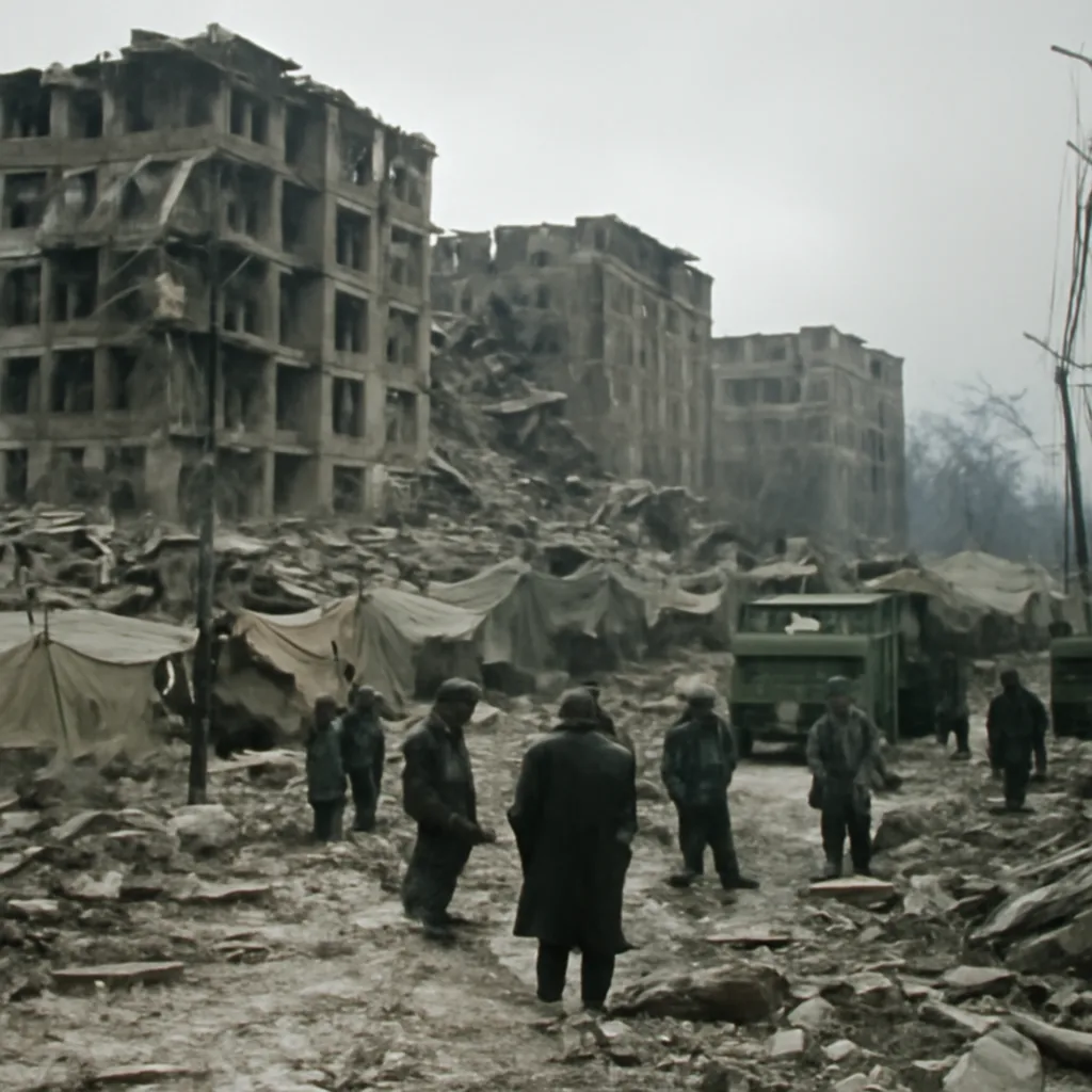Ruined multi-story apartment blocks and debris-strewn streets in northern Armenia after the December 1988 earthquake; visible collapsed buildings, emergency tents and rubble with winter sky.